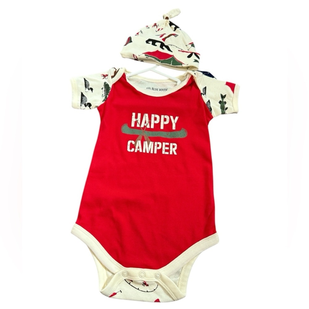 NWTS Hatley Little Blue House Romper/Hat, Happy Camper, wildlife, sz 12-18m